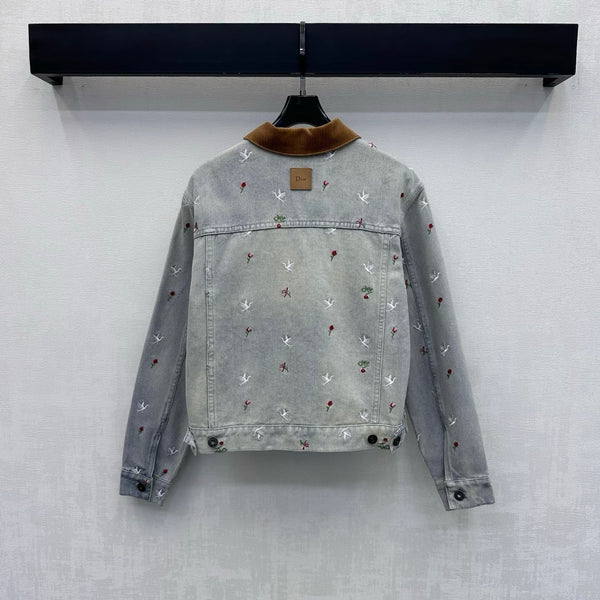 CD 26s Bird Floral Embroidered Denim Jacket Corduroy Collar Light Grey Cotton 427659