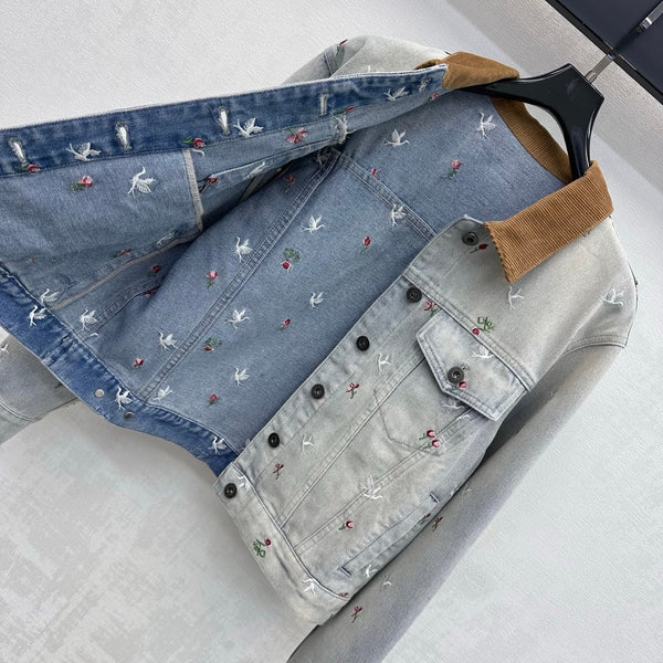 CD 26s Bird Floral Embroidered Denim Jacket Corduroy Collar Light Grey Cotton 427659