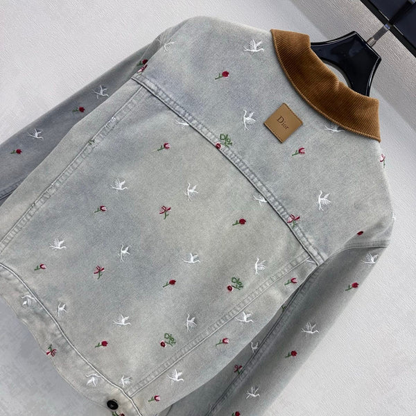 CD 26s Bird Floral Embroidered Denim Jacket Corduroy Collar Light Grey Cotton 427659