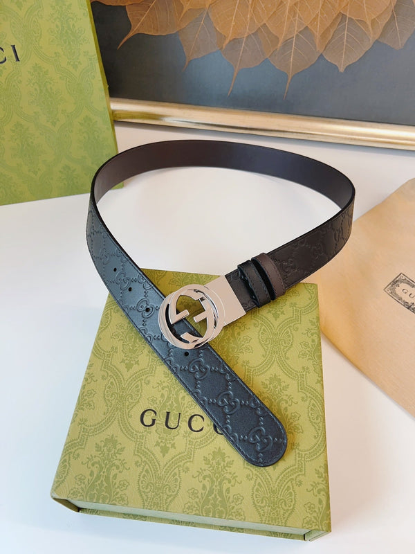 Gucci Supreme Belt Shiny Sliver Buckle 37mm Black Embossed Leather