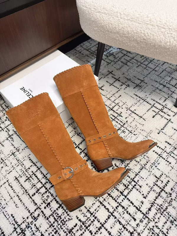 CE 26S Western Buckle Jumping Boots 4.5cm Orange Brown Suede 118186