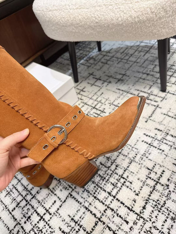 CE 26S Western Buckle Jumping Boots 4.5cm Orange Brown Suede 118186
