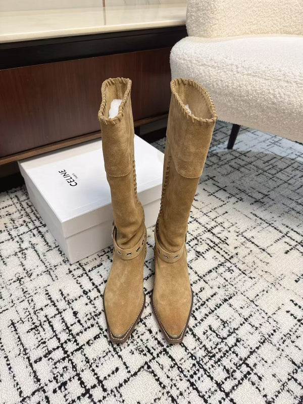CE 26S Western Buckle Jumping Boots 4.5cm Tan Suede 118188