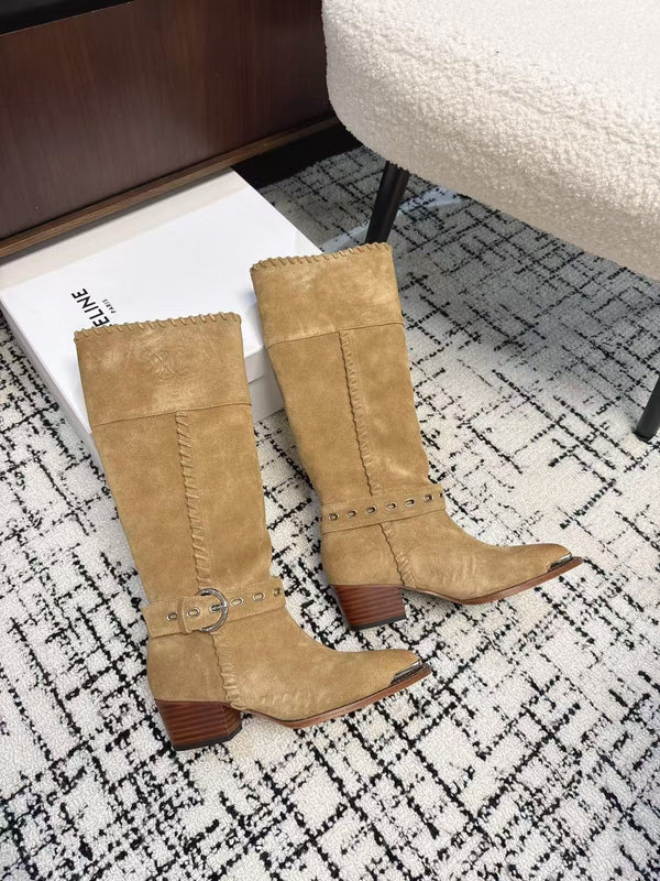 CE 26S Western Buckle Jumping Boots 4.5cm Tan Suede 118188