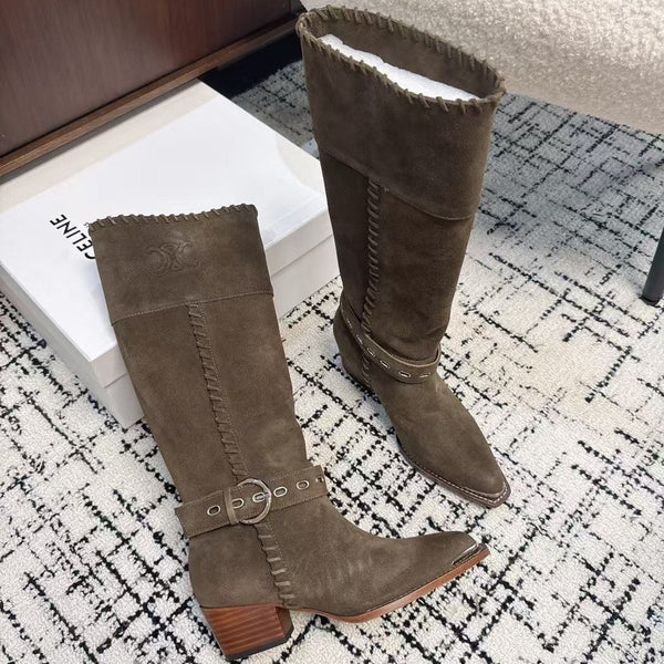 CE 26S Western Buckle Jumping Boots 4.5cm Khaki Suede 118189