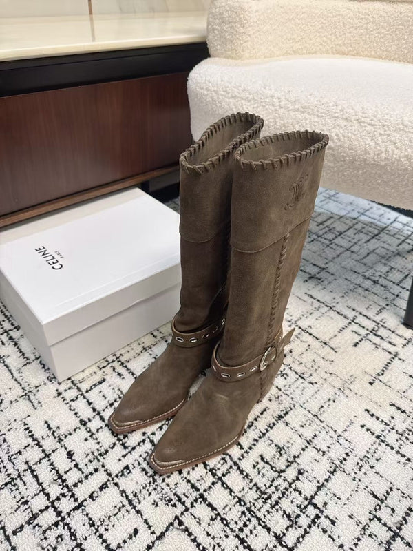 CE 26S Western Buckle Jumping Boots 4.5cm Khaki Suede 118189