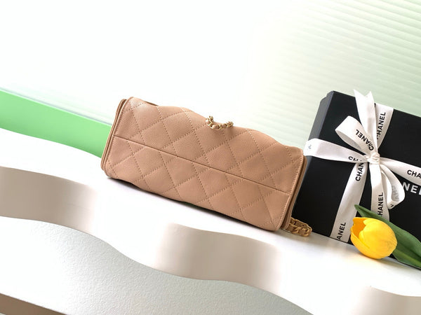 Chanel 25S Hobo Bag 22 in Beige Brown Caviar Leather with Gold Hardware