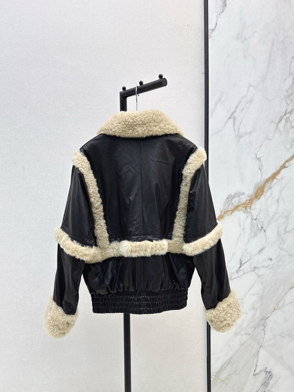 Burberry 25 Shearling-trimmed Bomber Jacket Black Cream Fur Leather