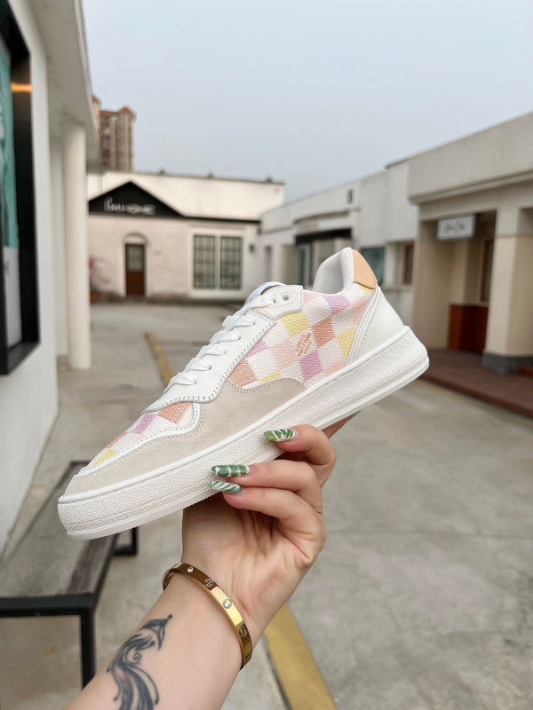LV Groovy Sneaker White Pink Yellow Damier Canvas Suede 597684