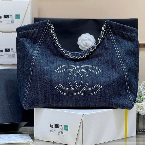 CC Vintage Cabas Tote 48cm Blue Denim