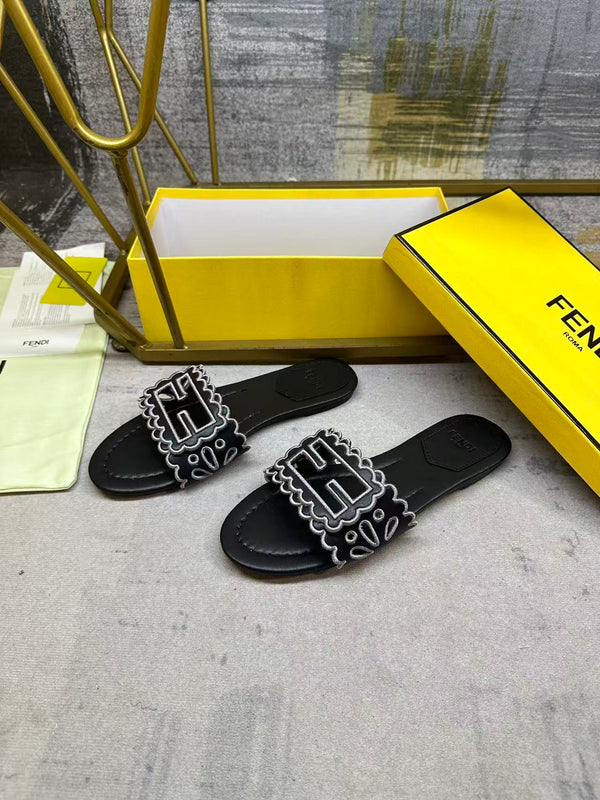 FF Baguette Slides Embroidered Black Nappa Leather 826561