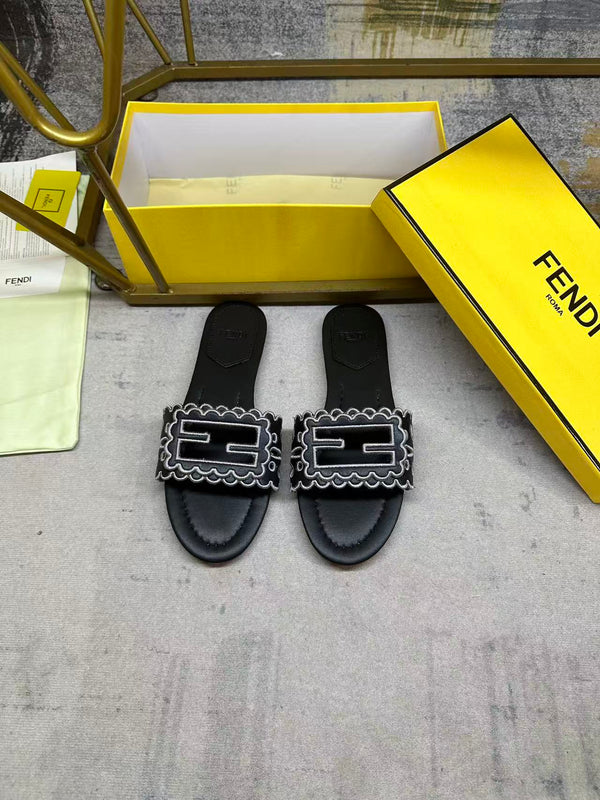 FF Baguette Slides Embroidered Black Nappa Leather 826561