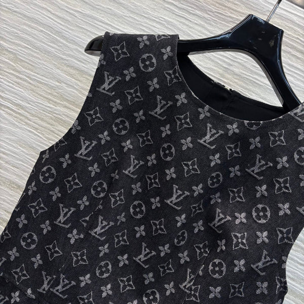 LV 25 Logo Jacquard Sleeveless Denim Straight Dress Black Cotton
