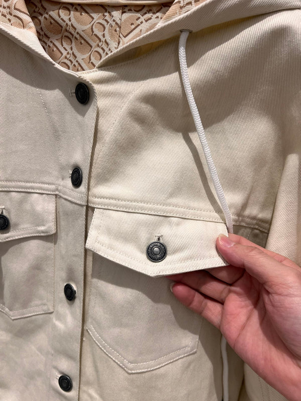 CD Hooded Denim Jacket With Monogram Lining White Beige Cotton
