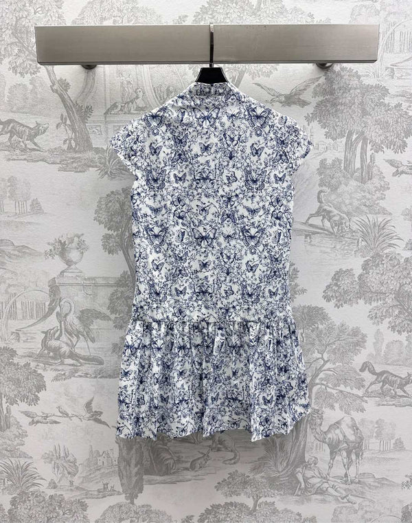 CD Short Dress White Cotton Muslin with Blue Butterfly Motif