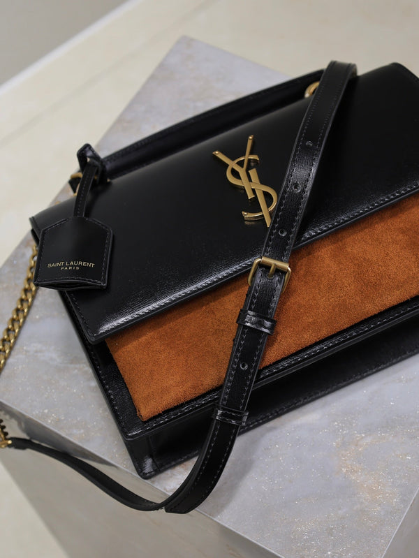 YSL Sunset Handbags 25cm Black Brown Cowhide Suede