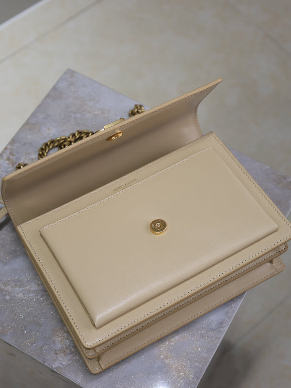 YSL Medium Sunset Shoulder Bag 22cm Beige Cowhide GHW