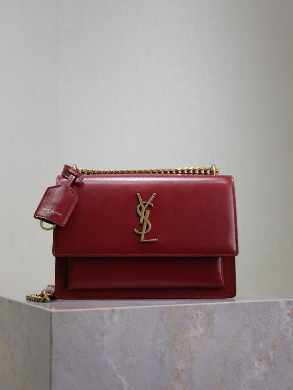 YSL Medium Sunset Shoulder Bag 22cm Burgundy Cowhide GHW