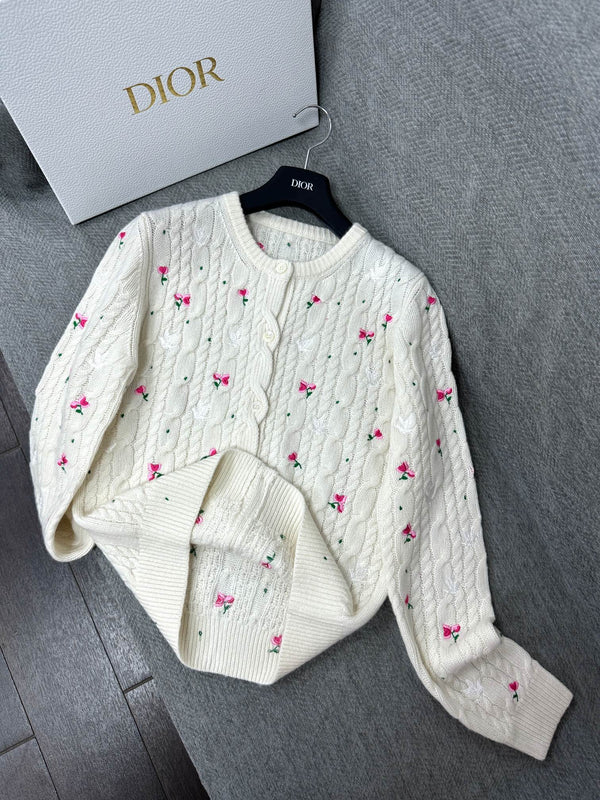 CD Cardigan Small Floral Embroidery Ivory Wool 349481