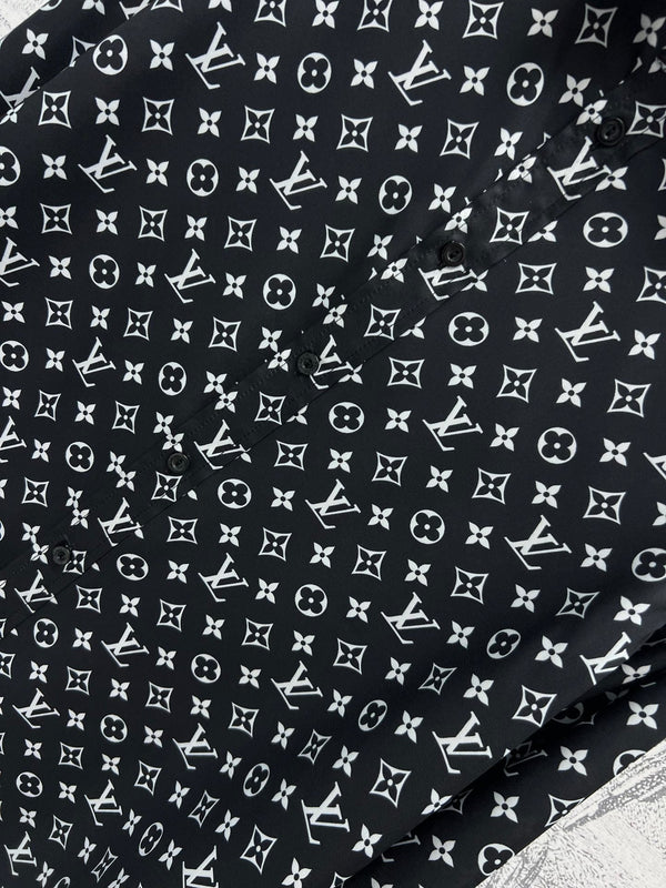 LV 25 Flower Barrage Print Lapel Shirt Black Polyester