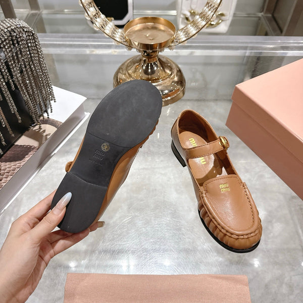 Miu Mary Jane Ballet Flats Camel Brown Calfskin 592045