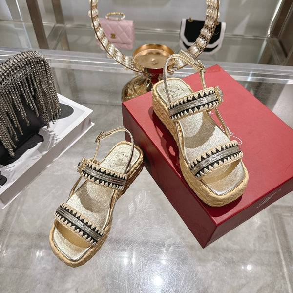 Roger Vivier Wedge Sandals 6cm Gold Black Lambskin Raffia 679798