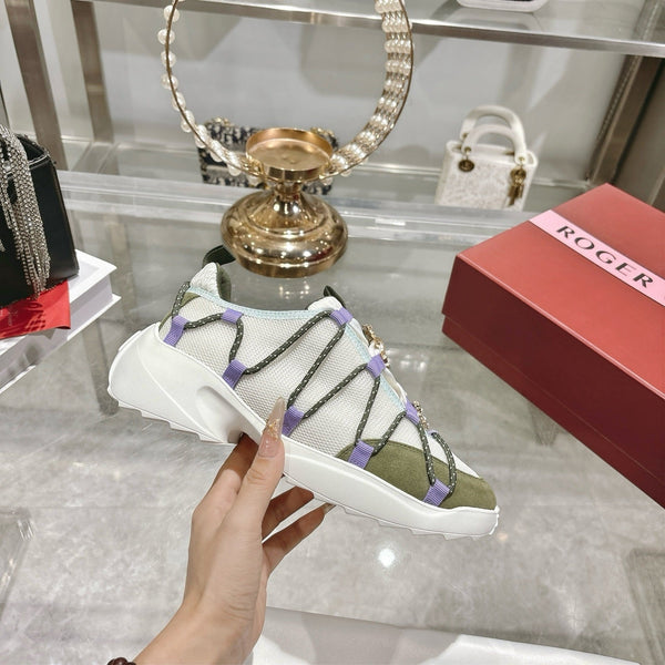 Roger Vivier Zag Sneakers White Olive Lace Suede 679799