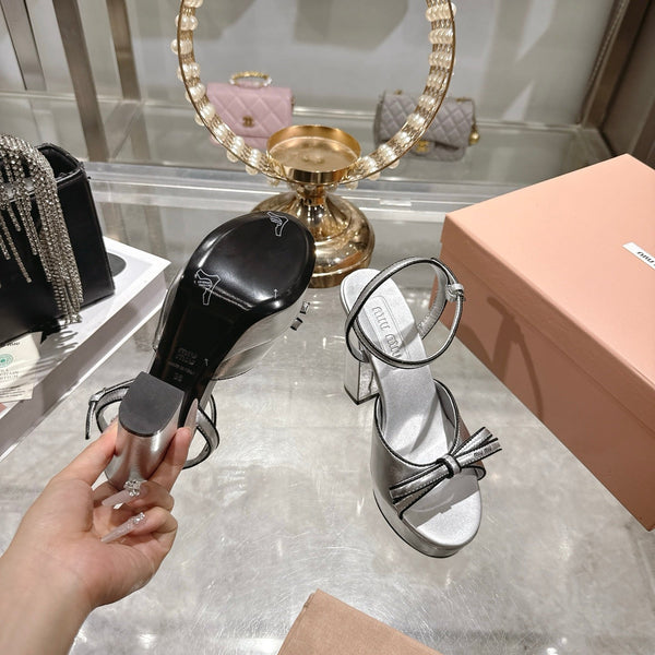Miu Platform Sandal 12cm With Bow Sliver Leather 751320