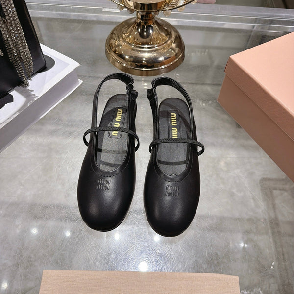 Miu Slingback Flats Black Leather 901738