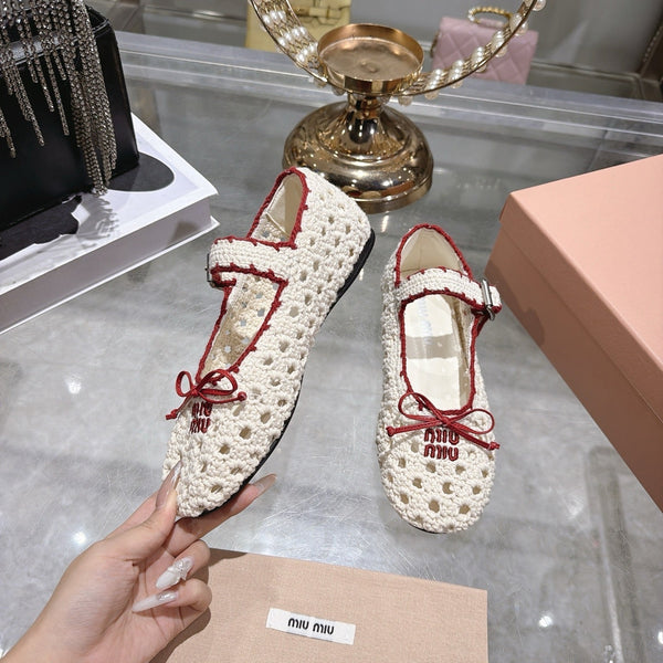 Miu Crochet Ballerinas Cream Red Wool Leather 901741