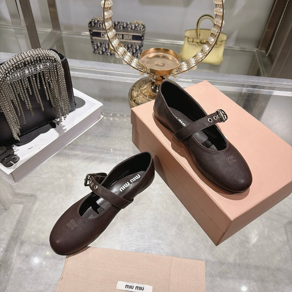 Miu Miu 2026 Round-Toe Ballet Flats Dark Brown Sheepskin 999627