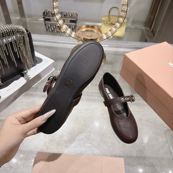 Miu Miu 2026 Round-Toe Ballet Flats Dark Brown Sheepskin 999627