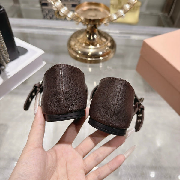 Miu Miu 2026 Round-Toe Ballet Flats Dark Brown Sheepskin 999627