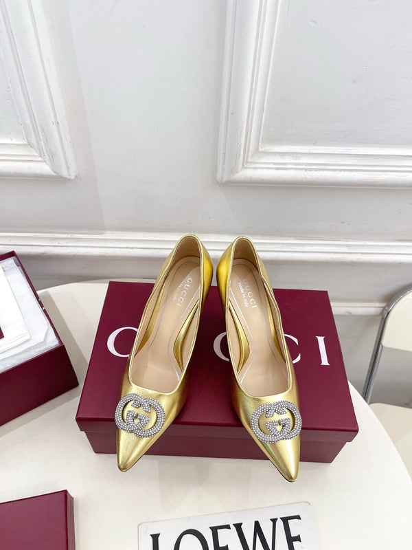 GG 26 High-Heeled 85 Pumps Gold Metallic Cowhide 587078