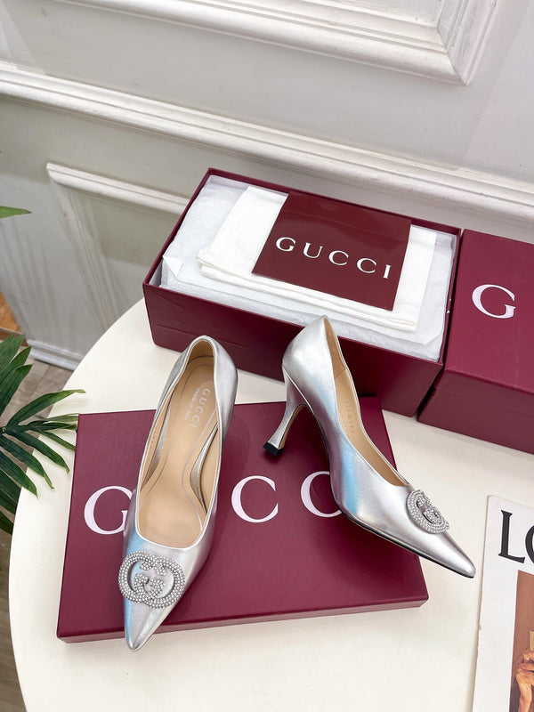 GG 26 High-Heeled 85 Pumps Sliver Metallic Cowhide 587079