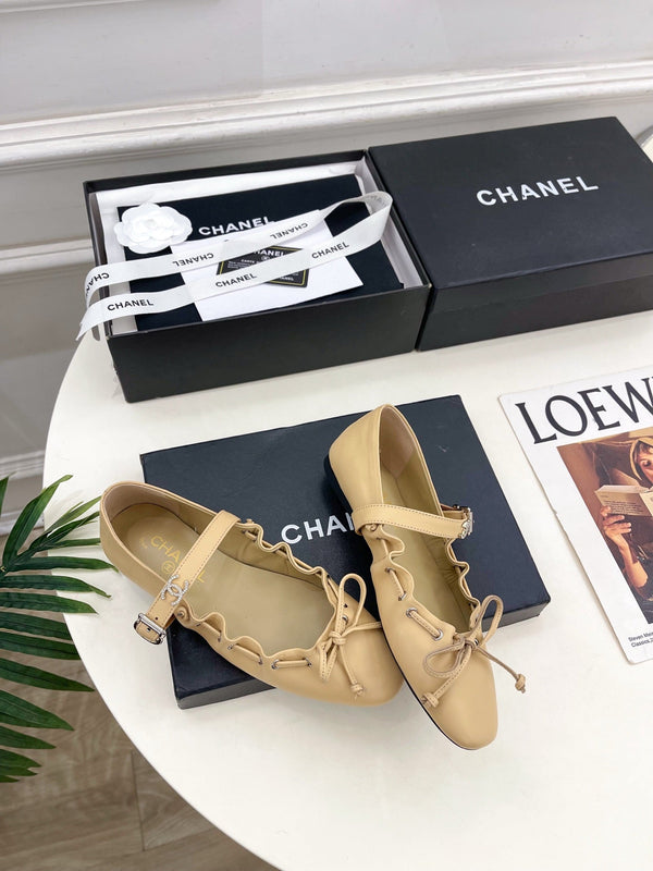CC 26 SS Ruffled Bow Mary Jane Flats Beige Calfskin 586930