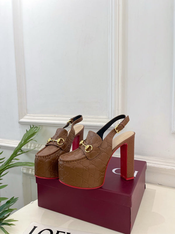 GG Horsebit Platform Loafer Slingback Brown Embossed Leather 640261