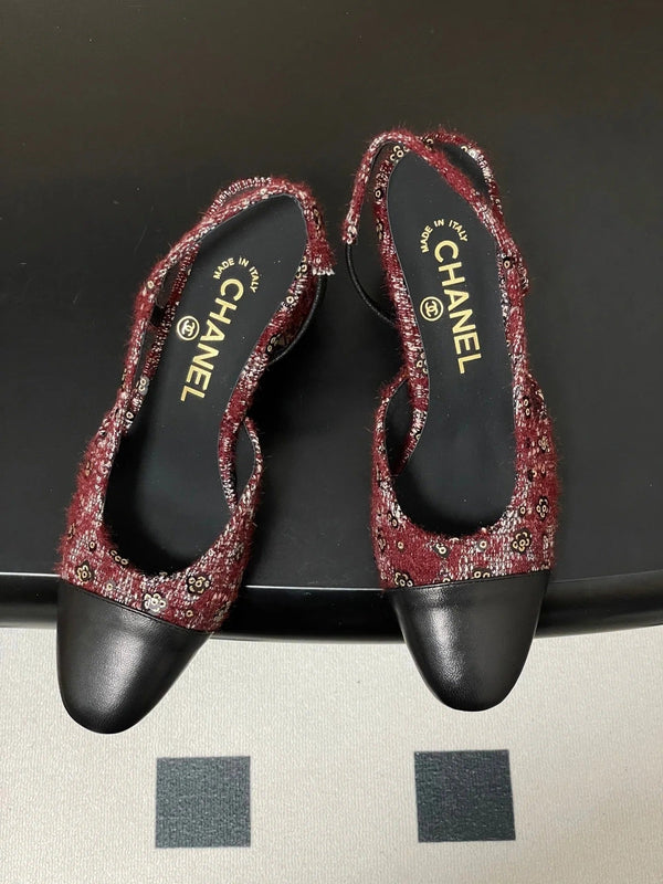 CC 26s Slingback 65 Dark Red Black Tweed Sheepskin 649423