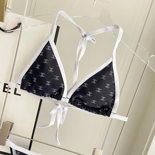 CC BIKINI SWIMSUIT SET IN BLACK AND WHITE TRIM WHITE LOGO PRINTED 608921