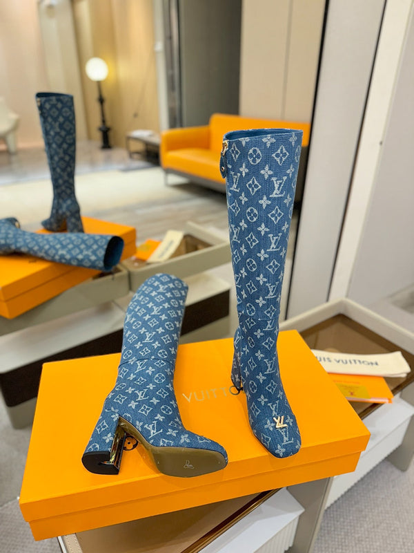 LV High Boots 85 Monogram Blue Denim 573735