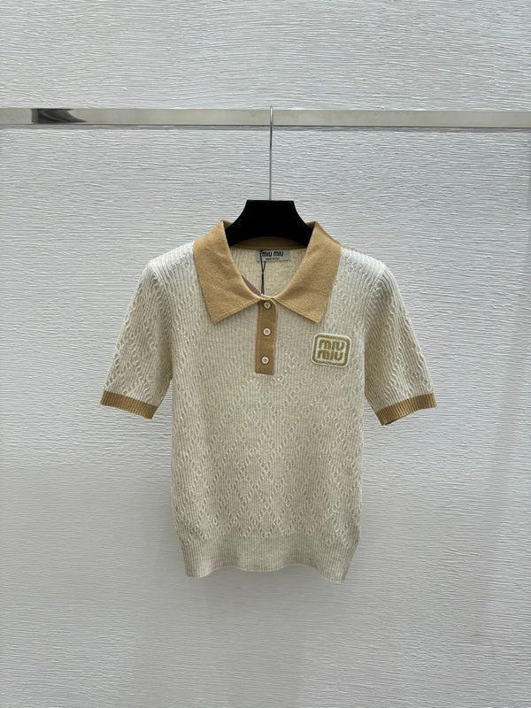 Miumiu 2026 Short-sleeved Knit Polo Shirt Beige and Gray Wool