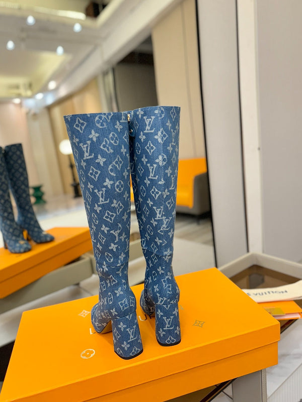 LV High Boots 85 Monogram Blue Denim 573735
