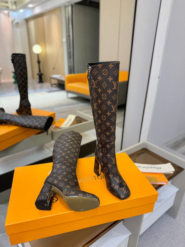 LV High Boots 85 Monogram Brown Sheepskin 573736