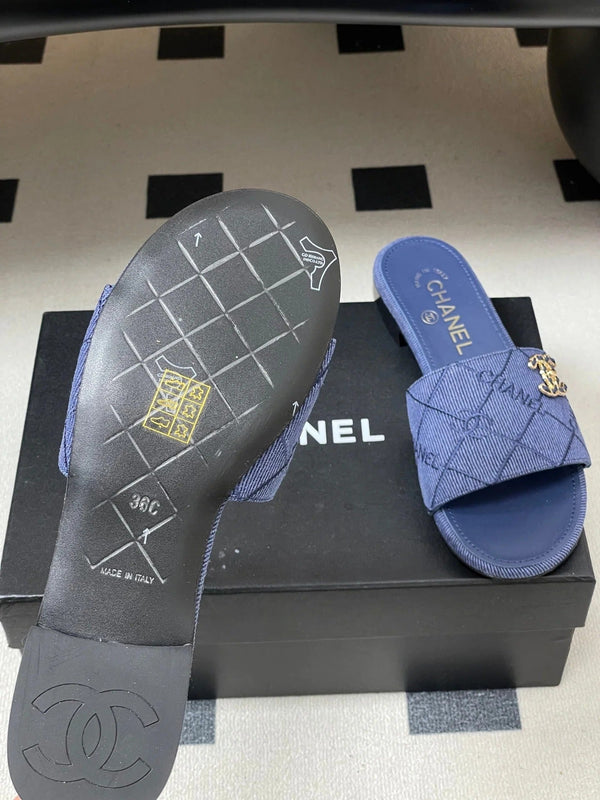 CC 26s Flat Sandals Dark Blue Canvas Sheepskin Double C 649505