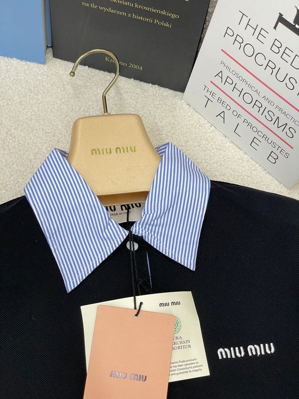 Miumiu 2026 Striped Patchwork Polo Shirt Black Blue Cotton