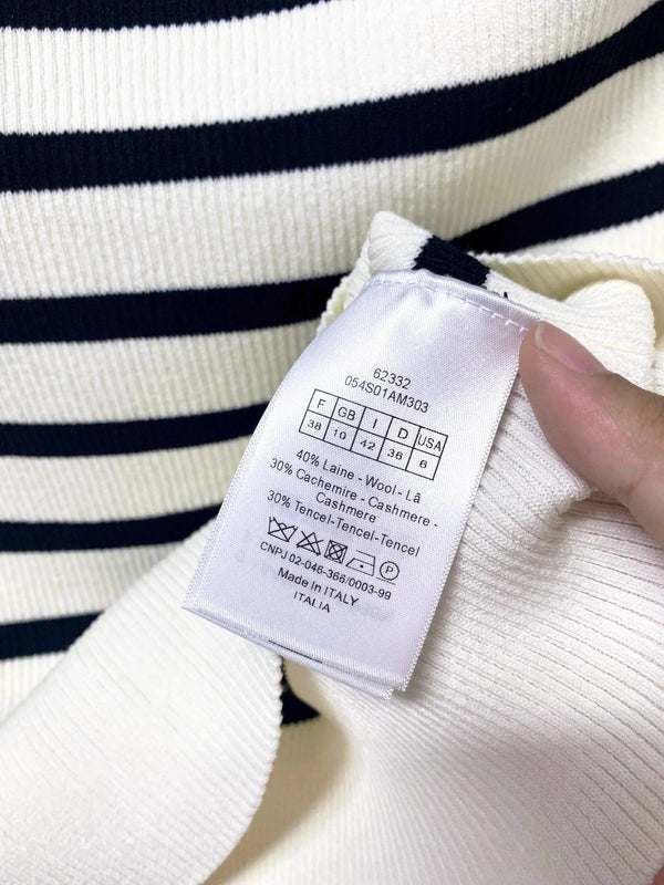 CD 2026 Striped Off-Shoulder Knit Top White Black Wool 396617