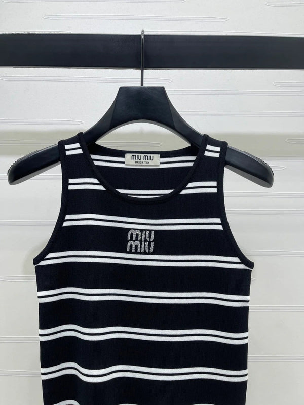Miumiu 2026 Crew Neck Striped Knit Vest Black and White Wool 352631