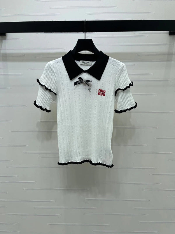 Miu 2026 Knitted Polo Shirt With Black Bow Wool Cashmere 414394