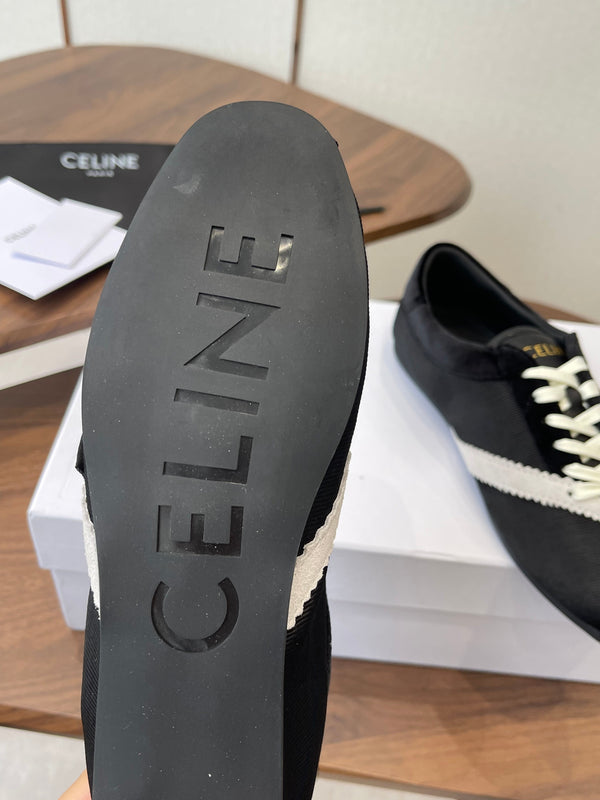 Celine 26 Flat Sneaker Black White Canvas Suede 624714