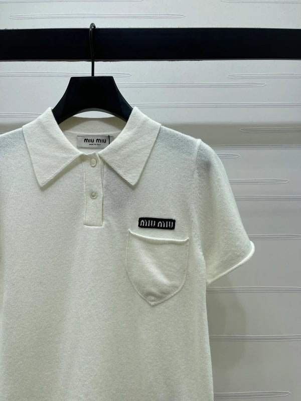 Miumiu 2026 Collared Knit Short-sleeved Sweater Cream and Gray Cashmere
